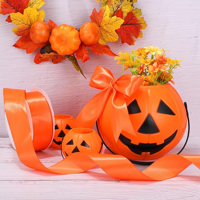 Orange Ribbon 1-1/2 Inch 60 Yards Orange Satin Ribbon Fall Decor Ribbons for Gift Wrapping Crafts Flower Bouquet Halloween Christmas Decorations