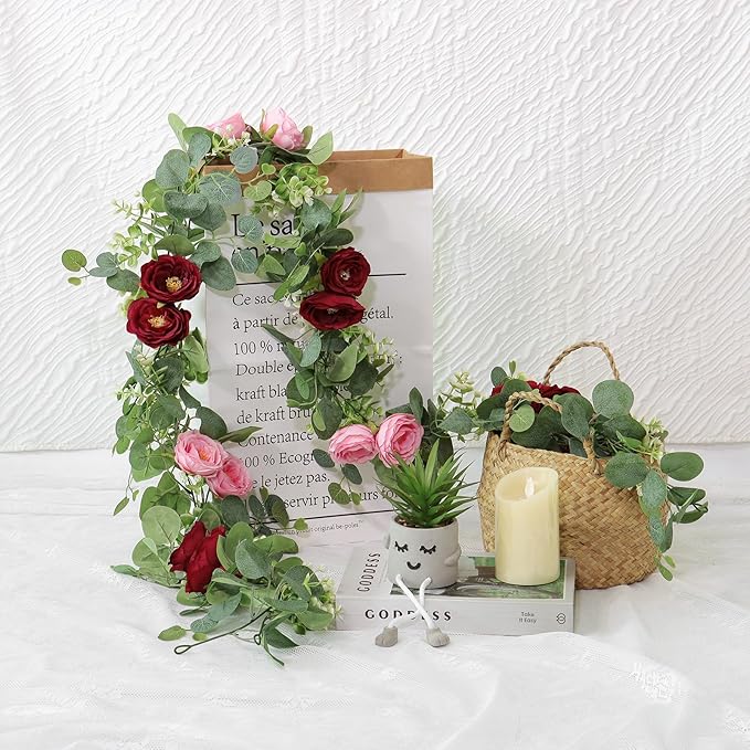 TOCHGREEN 4 Pack Artificial Eucalyptus Flower Garland with Red and Pink Roses, Fake Rose Flower Greenery Garland Floral Vines for Wedding Home Party Table Runner Decor (Red Pink, 4PCS)