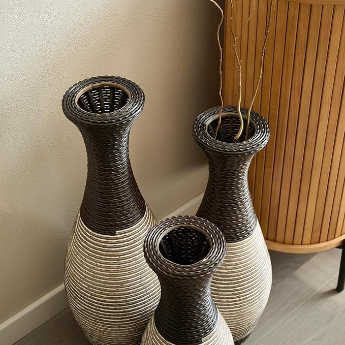 Floor PVC Decorated Vases Set of 3 for Gorgeous Home Decoration Large Classic Neat PVC Vase 19.6in/23.6in/27.5in Height(Black+White)