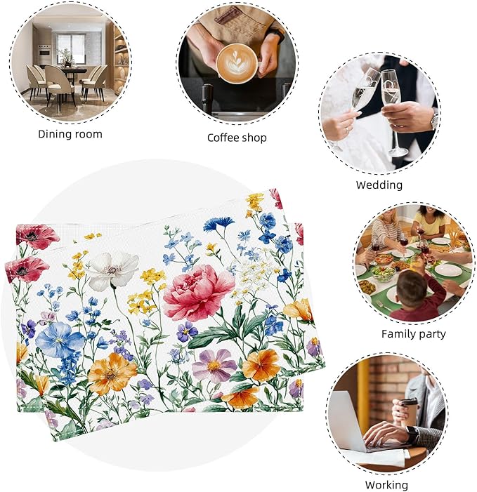 Poppy Floral Placemats Set of 6, Watercolor Wildflower Place Mats, Leaves Spring Dining Table Mats, Washable Flower Placemats for Kitchen Dining Room Home Decor 18L'' × 12W''
