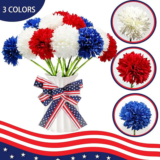Tinsow 12 pcs Artificial Flower Patriotic Memorial Bouquet Red White and Blue Faux Ball Chrysanthemum Bouquet 4th of July Flowers Silk Flowers Arrangement for Home Party Centerpiece Vase Decor