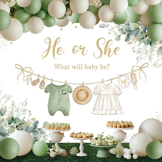 Riyidecor Green Gender Reveal Backdrop He or She What Will Baby Be 7Wx5H Feet Boho Sage Eucalyptus Watercolor Leaves Gold Dots Photography Background Baby Shower Photo Studio Shoot Polyester Fabric