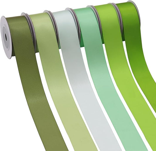Sage Green Satin Ribbon Solid Fabric Ribbons 1'' inch Double-Faced Satin Ribbon for Gift Wrapping, Wedding, Birthday, Baby Shower Decor Floral Bouquet Crafts- 6 Colors X 5 Yards Each