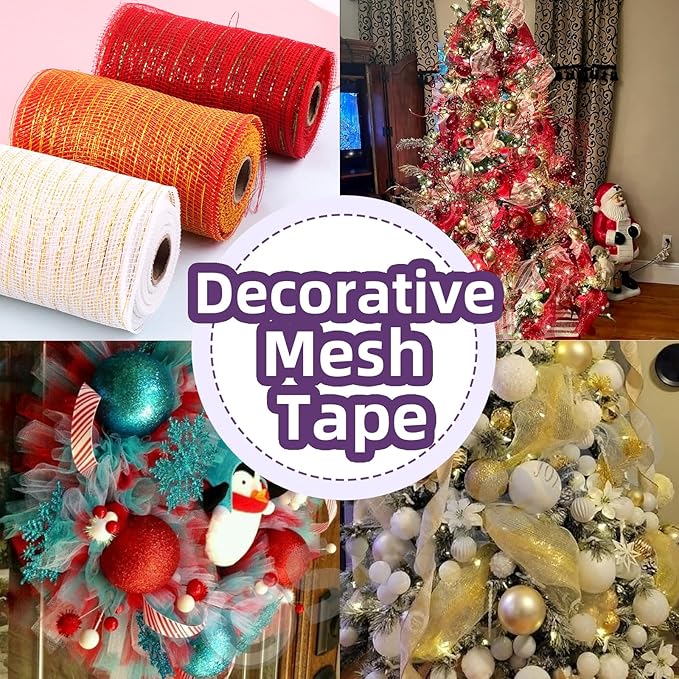 Swpeet 3 Rolls 6 Inches Mesh Ribbon Glitter Metallic Wrapping Ribbon Kit, Glitter Tulle Fabric Spool Ribbon Metallic Foil Mesh Ribbon for DIY Project Wreaths Party Decorations Wrapping Craft
