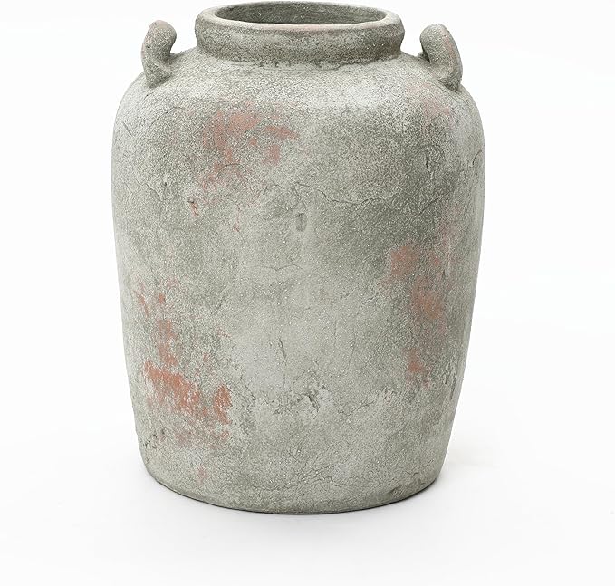 LuxenHome Rustic Ceramic Vase, 13.4" Tall Old-World Gray & Brown Round Terracotta Vases with Handles, Big Farmhouse Pottery for Dining Table Decor, Vintage Flower Vase for Living Room Home Decor