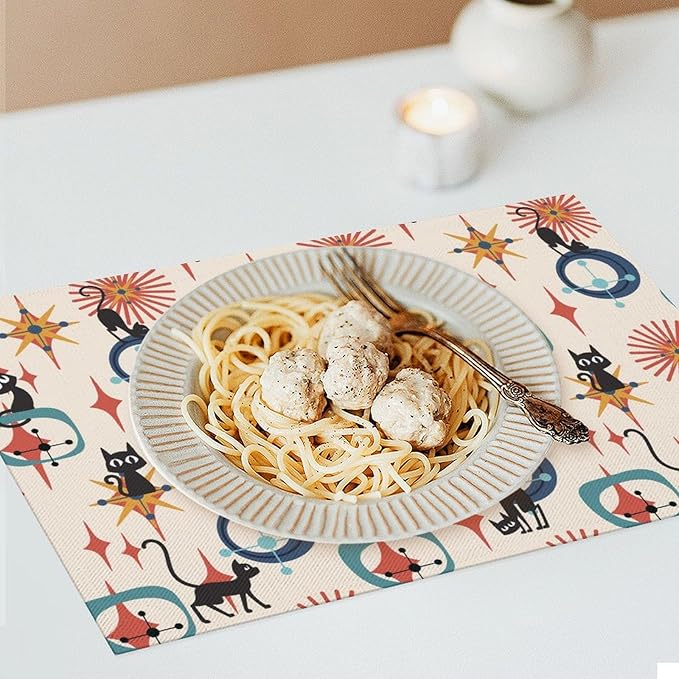 Mid Century Black Cat Modern Placemats Set of 4,Kitchen Table Mats for Dining Outdoor Home Decor 12x18 Retro Place Mats 4 PCS, Style-17