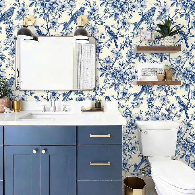Floral Peel and Stick Vintage Animal Wallpaper Blue Bird Removable Botanical Leaf 17.7" x 118.11" Wall Paper Watercolor Self Adhesive Contact Paper for Classroom Bedroom Laundry Room Bathroom