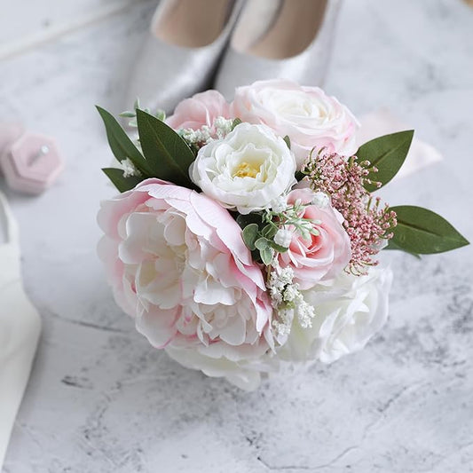 ponatia Blush Pink Wedding Bouquets for Bride Bridesmaid, Ivory Artificial Roses Flowers for Wedding Bouquets Ceremony, Anniversary