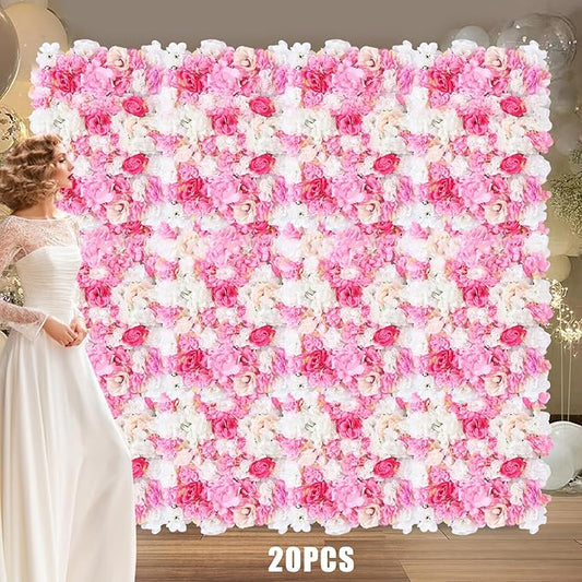 20 Pack Flowers Wall Panels Artificial Floral Wall Mat Handmade 3D Silk Rose Hydrangea Dahlia Floral Panels for Photo Background Home Party Wedding Backdrop Decoration, 24 x 16 inch (D)
