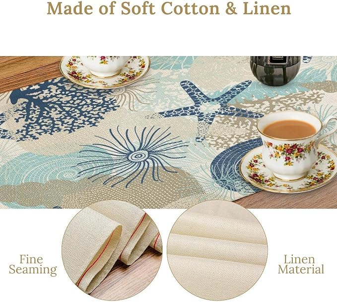 Nautical Coastal Table Runner,Ocean Themed Starfish Coral Conch Beach Kitchen Dinning Table Decoration for Indoor Outdoor Home Party Decor 13x60 Inch