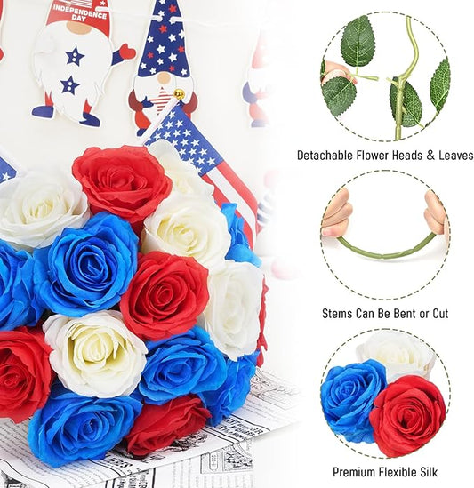 Waipfaru 16 Pcs Memorial Day Flowers for Cemetery Grave, Red White and Blue Flowers, Fake Roses Artificial Flowers 4th of July Independence Day Patriotic Decor