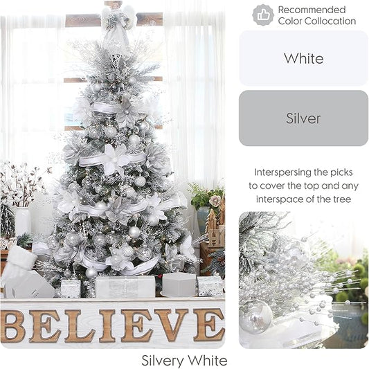 Sea Team 24-Pack Artificial Glitter Berry Stem Ornaments, Decorative Bead Sticks, Glittery Twigs, Picks, Branches for Christmas Tree, Small Vase, Holiday, Wedding, Party (17 Inches, Silver)
