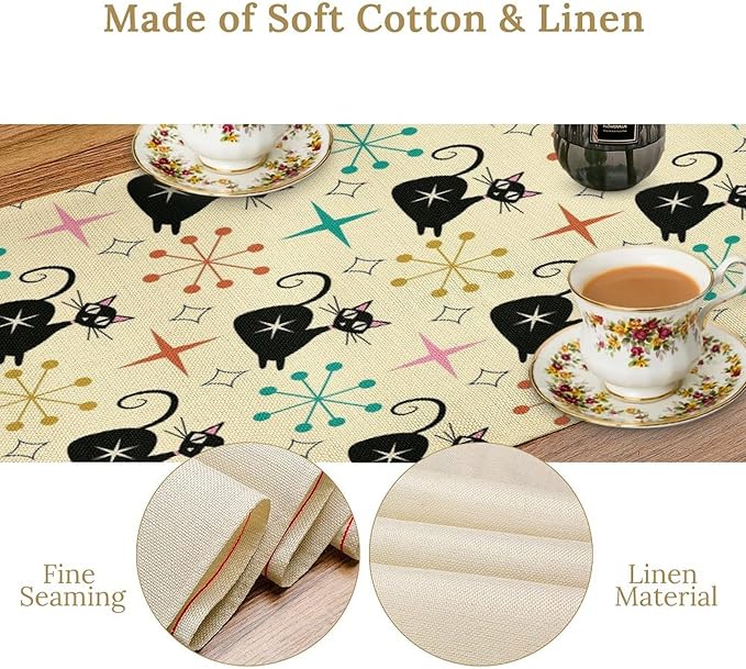 Mid Cat Table Runner, Vintage Black Cat and Atomic Stars 1950s 1960s Abstract Geometric Space Pattern Table Decoration for Home Kitchen Restaurant 13x70 Inches