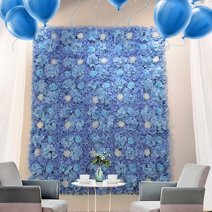 Artificial Flower Wall Panel 15*15inches -12 Pack Silk Rose Hydrangea 3D Flower Wall Décor Backdrop for Wedding Arrangement Wall Background Party Panel Decorations UV Protected Handmade -Light Blue