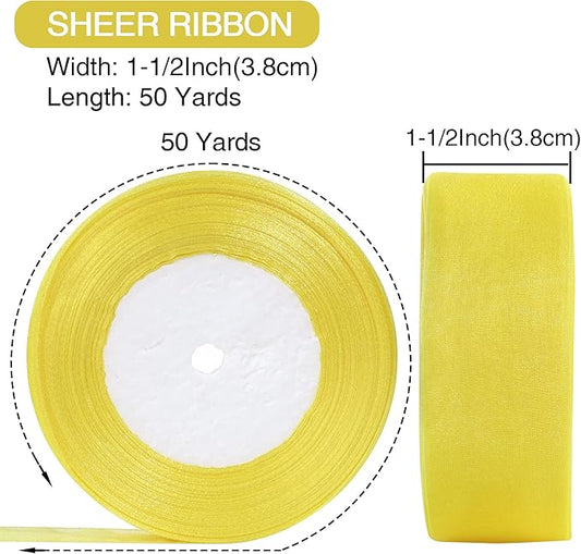 1-1/2 Inch x 50 Yards Sheer Organza Ribbon Chiffon Ribbon for Gift Wedding Flower Bouquet Wrapping Decorations Crafts (Yellow)