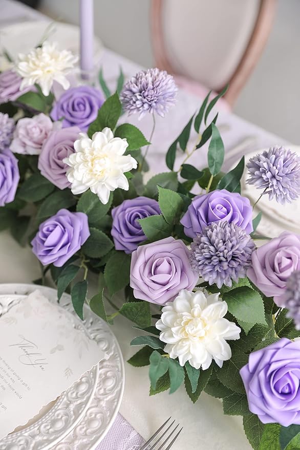 Artificial Flowers Combo Box Set Gradient Color Flower Leaf with Stems for DIY Wedding Bouquets Centerpieces Baby Shower Party Home Decor (Gradient Purple)