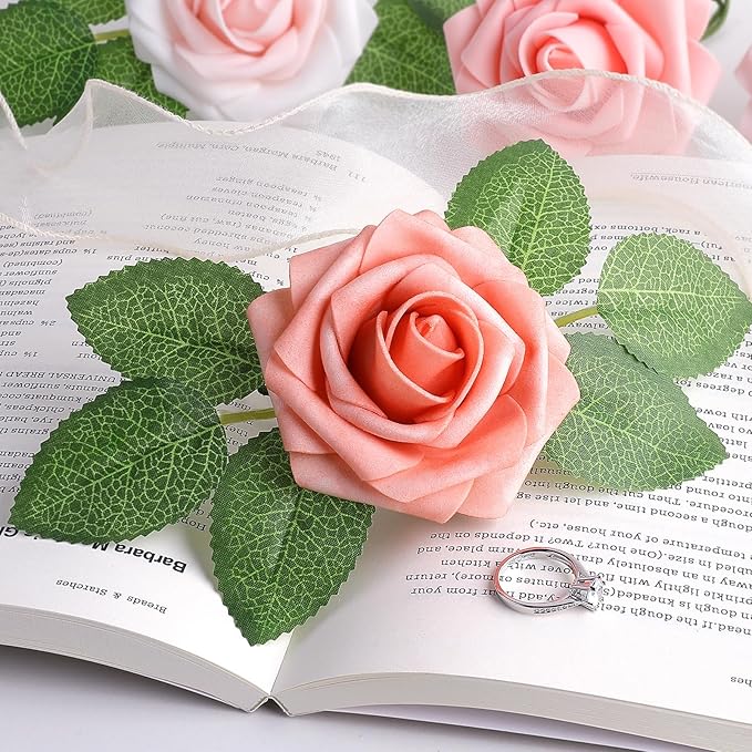 AmyHomie 25pcs Real Looking Artificial Shades of Blush Roses w/Stem for DIY Wedding Bouquets Centerpieces Arrangements Party Baby Shower Valentines Day Christmas Tree Decorations