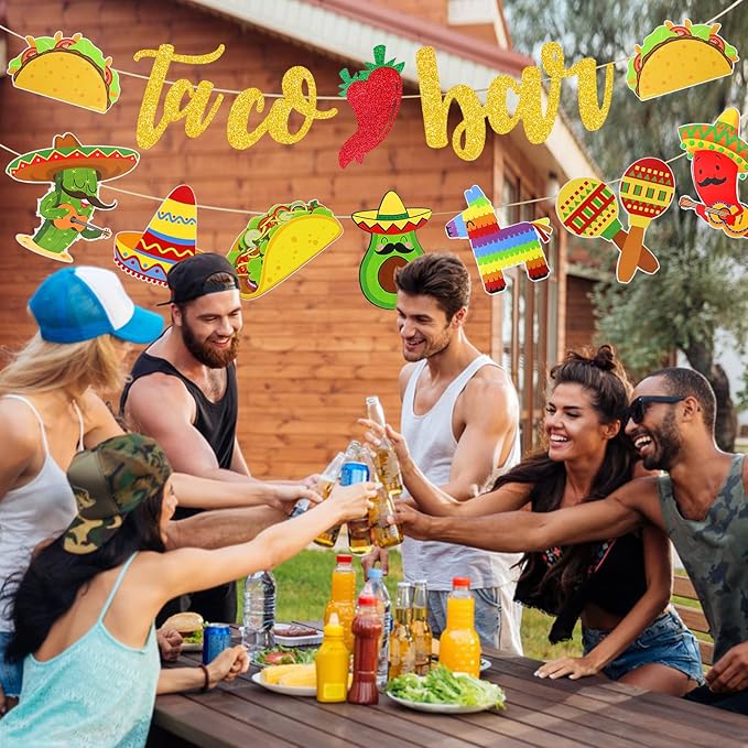 Fiesta Taco Bar Banner Garland 2 set Mexican Fiesta Party Banner with Cactus Donkey Maraca Sombrero Taco Pepper for Mexican Cinco de Mayo Fiestas Theme Party Supplies