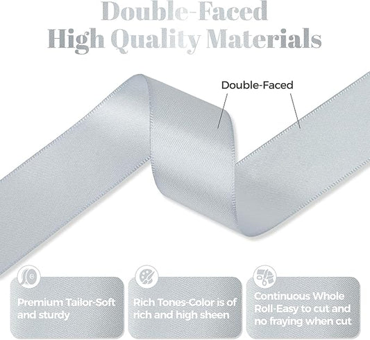 Silver Gray Satin Ribbon, Double Faced 1 Inch X 50 Yards Silver Gray Ribbon, Premium Satin Ribbon for Gift Wrapping, Crafts, Hair Bow Making, Sewing, Flower Bouquet, Wedding Party Decor