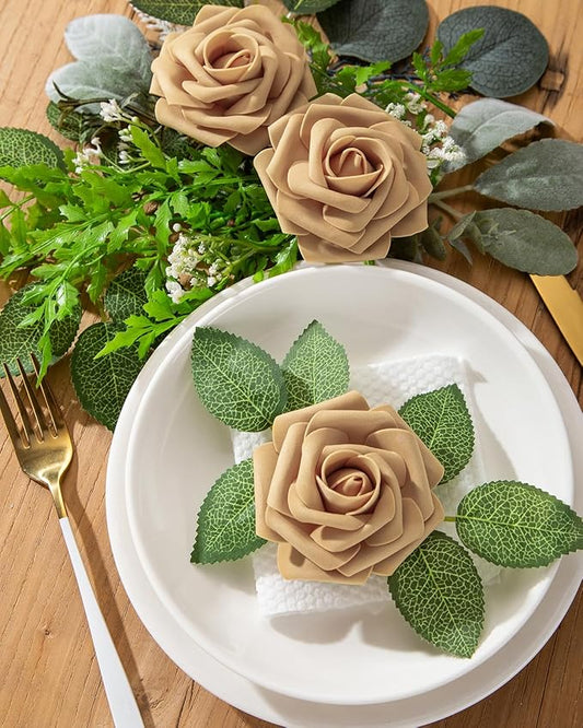 DuHouse 25Pcs Artificial Roses Flowers Fake Roses with Stems Real Touch Foam Flowers for DIY Wedding Bouquet Baby Shower Centerpiece Floral Arrangement Party Home Decor (Light Gold)