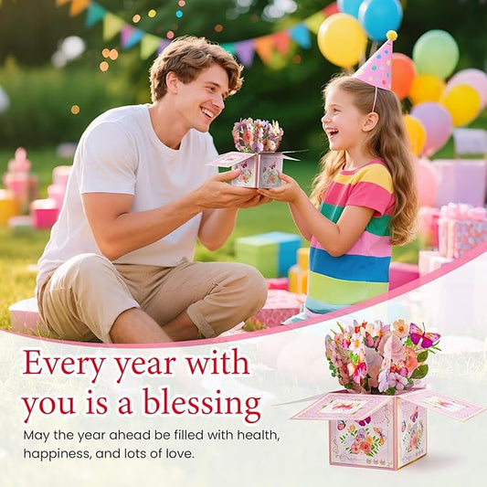 3D Pop Up Birthday Cards with Music, LED Light Musical Happy Birthday Gift Box for Women, Flowers and Butterflies Handmade Foldable Flower Box with Envelope for Mom Wife Daughter Sister