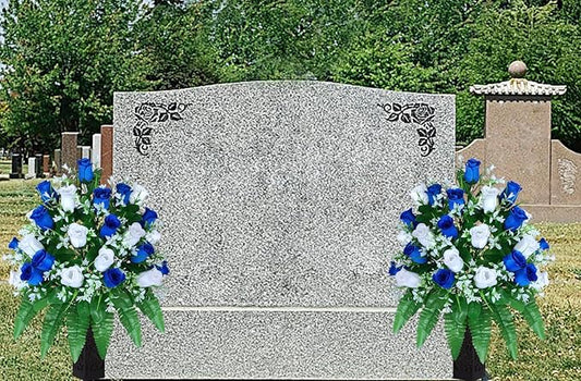 Artificial Cemetery Flowers, Gravesite Decoration Roses, Memorial Bouquets with Cemetery Vase, Vibrant and Long-Lasting Colors (Dark Blue+White, 2 Bundles)
