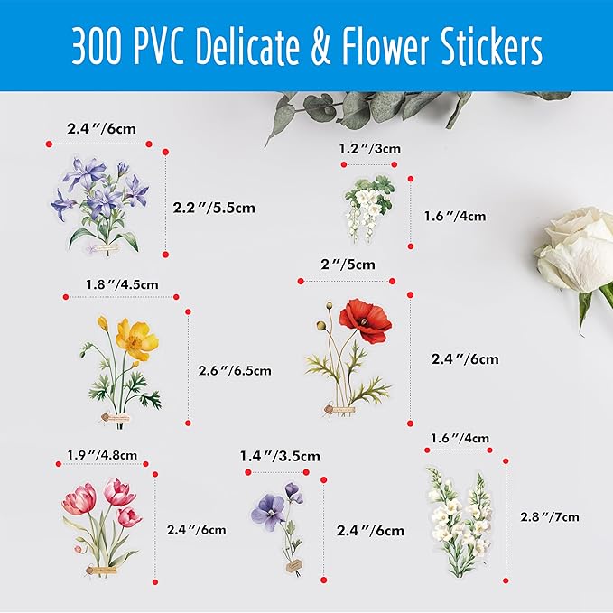 300 PCS PVC Flower Stickers, Self-Adhesive PVC Nature Floral Stickers for Scrapbook, Laptop, Journal, DIY Project, Spring Themed Party Decors