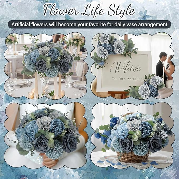 98 Pcs Assorted Faux Flowers Heads with Stem Eucalyptus Leaves Silk Artificial Flowers Bouquet Floral Table Centerpieces for DIY Wedding Party Wreath Home Decoration(Gray Blue,Vivid Style)