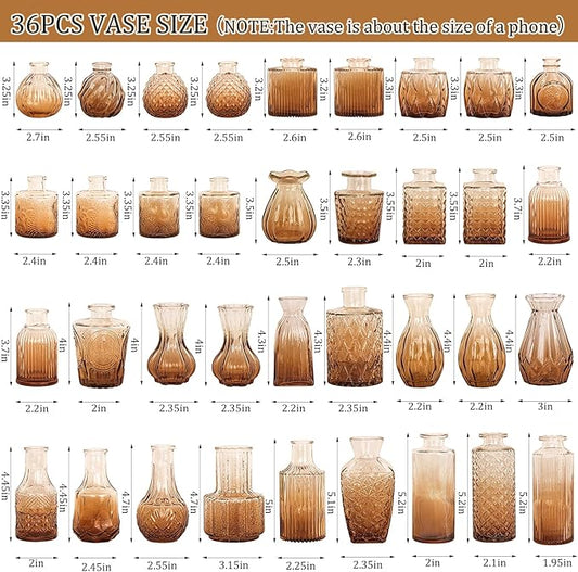 36Pcs Bud Vases Set Small Vintage Glass Bottles Bud Vases in Bulk Multiple Shape Cute Glass Vases for Rustic Wedding Centerpieces Table Decorations and Home Decor(Amber)