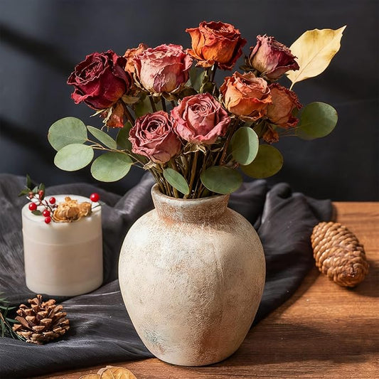 Ceramic Decorative Flower Vase | 6 Inch Pottery Rustic Farmhouse | Boho | Whitewashed Terracotta Vase for Home Decor, Table, Living Room, Bathroom, Shelf, Mantel Decoration, Terra