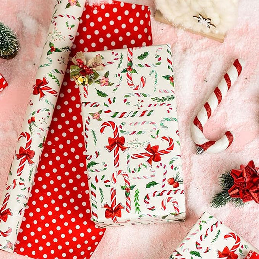MAYPLUSS Christmas Wrapping Paper Roll - 17 Inch X 33 Feet - Cute Bow Candy Cane Christmas Holly Reversible Polka Dot Gift Wrapping Paper, Thick Wrap Paper for Holiday Party New Year Kids