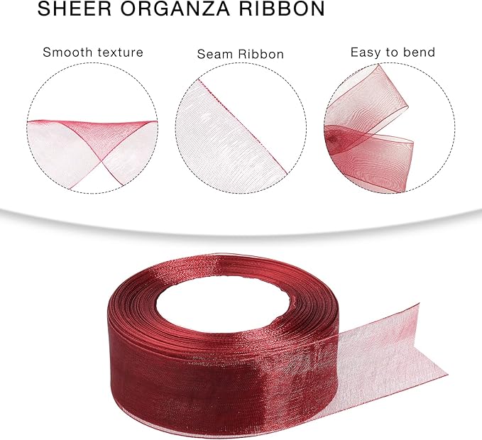 1.5 inch Sheer Organza Ribbon Wine Red Chiffon Ribbon for Gift Wrapping Christmas Halloween Decoration Wedding Bouquet Crafts 50 Yards
