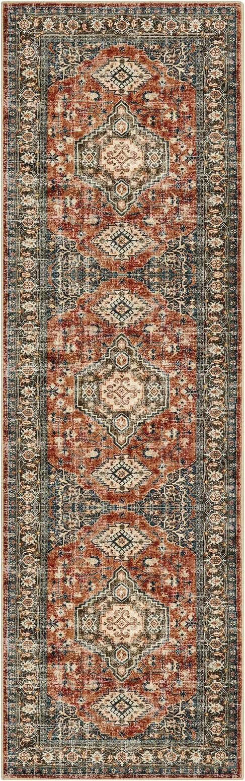 Lahome Oriental Hallway Runner Rug Non Slip, 2.5x8 Kitchen Washable Runner Soft Hallway Rug, Traditional Ultra-Thin Carpet for Bathroom Entryway Laundry Room, Brick Red