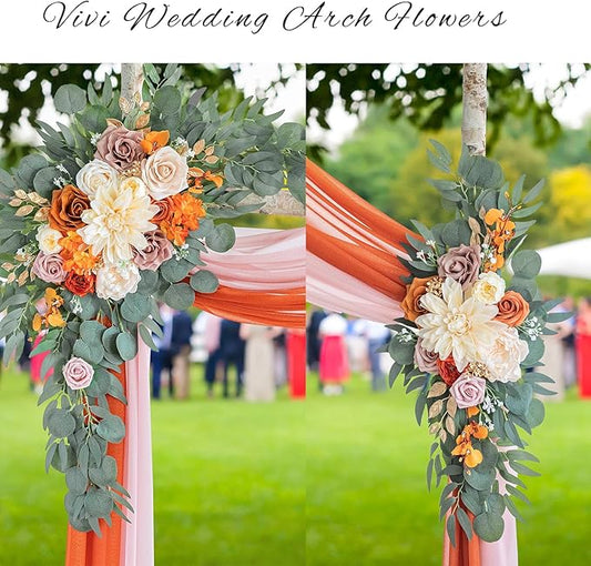 ponatia Artificial Burnt Orange Wedding Arch Flowers Kit with 2PCS Shiny Arch Chiffon Fabric, Dusty Rose Flowers for Wedding Welcome Signs Decorations and Arch Flowers for Wedding Ceremony Reception