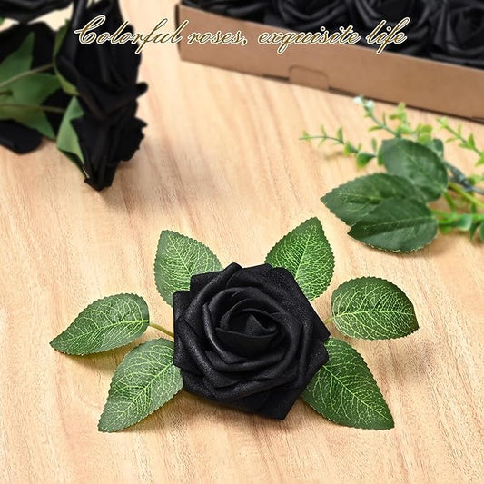 BLEUM CADE 16Pcs Artificial Flowers Fake Roses with Stems, Black Boxed Foam Roses for DIY Bouquets Centerpieces Wedding Party Arrangement Bridal Shower Decor