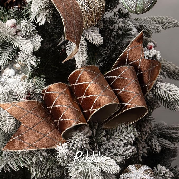 Ribbli Brown Velvet Ribbon Wired with Glitter Diamond Grid 4 Inch Christmas Ribbon for Christmas Tree Decoration Big Bow Gift Wrapping Crafts Wreaths Garland Supplies - 10 Yards