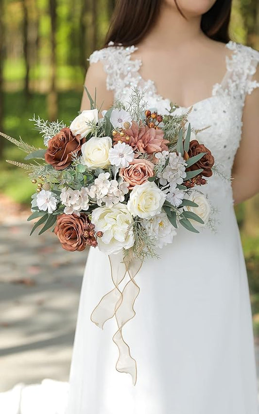 Artificial Flowers Combo Set Fake Flower Leaf for DIY Wedding Bouquets Floral Centerpieces for Tables Party Baby Shower Home Decorations(Coffee White)
