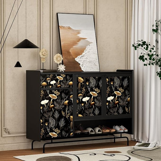 Boho Wallpaper Peel and Stick Dark Floral Contact Paper 17.5" x 393" Vinyl Self Adhesive Vintage Mushrooms Wall Mural Leaf Wall Paper for Room Countertop Drawer Decor(Golden,Black)