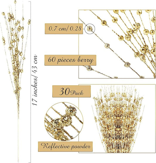 Geosar 30 Pcs Christmas Artificial Glitter Berry Stem Decorations 17 Inch Faux Stick Floral Pick Centerpiece Bouquet Flower Bead Twigs for Centerpiece Tree Wreath Xmas Ornaments Home(Gold)