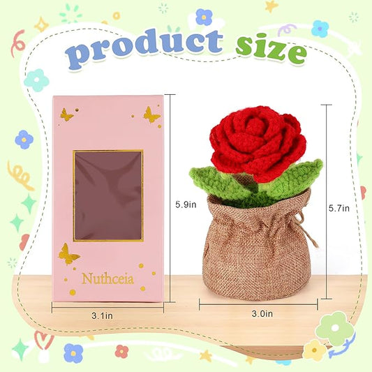 Crochet Flower Plant, Empathetic Flower Gift for Women & Men, Perfect for Birthday, Christmas, Mother's Day, Desk Decor, Birthday Decorations, Kids Party Decoration. Red Rose
