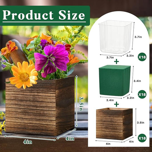 Dandat 18 Set Wood Cube Planter Box Square Wood Vase Rustic Cube Planter Box with Removable Plastic Liner Floral Foam Blocks for Centerpieces Home Wedding Garden Decor, Country Style (Brown)