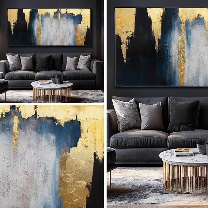 Modern Abstract Blue and Gold Framed Wall Art 32x70 Extra Large Canvas Painting Contemporary Artwork for Living Room Office Decoration