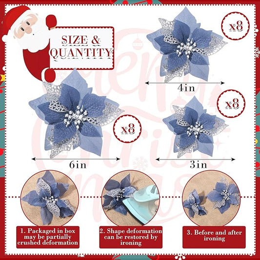 Boao 24 Pieces Christmas Artificial Glitter Poinsettia Flowers Xmas Flowers Wedding Christmas Tree New Year Ornaments(Dusty Blue)