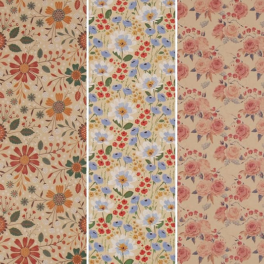 Aimyoo Kraft Floral Wrapping Paper Bundle, Vintage Spring Flowers Rose Gift Wrap Paper for Wedding Bridal Shower Birthday, 3 Rolls 17 in x 10 ft per Roll