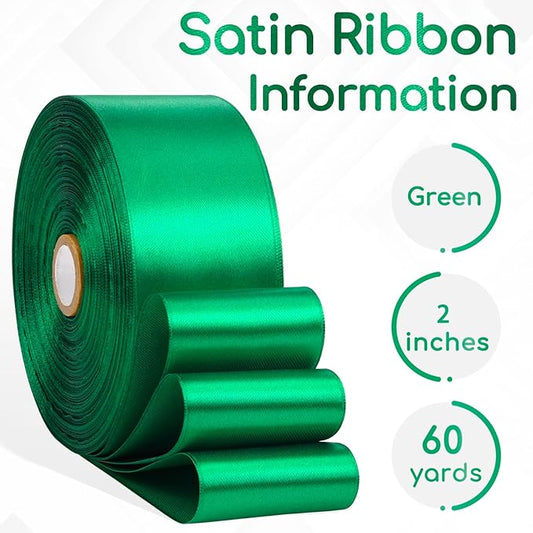 Green Satin Ribbon 2 Inch 60 Yards, Solid Polyester Fabric Ribbon for Crafts, Gift Wrapping, Christmas, Flower Bouquet, Bows, Wedding and Festival Decor