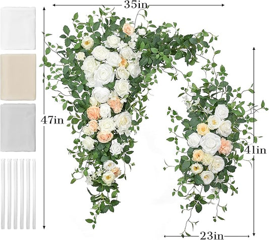 Ting's time Wedding Arch Flowers Kit (Set of 5)-2 Pcs Hanging Flower Arrangement 3 Pcs Chiffon Drapes for Wedding Ceremony Arbor and Reception(Champagne&White)