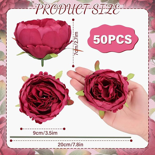 50 Pcs Artificial Peony Flower Bulk 3.5 Inch Silk Peony Flowers Heads with Stems Realistic Fake Roses for DIY Wedding Party Craft Bridal Bouquets Table Centerpieces Vase Home Decor(Burgundy)