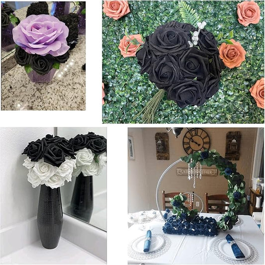 Artificial Black Flowers Fake Roses 50 PCS, DIY Flower Heads with Stem for Crafts Bouquets for DIY Wedding Decorations Centerpieces Arrangements Party Home Garden Decor
