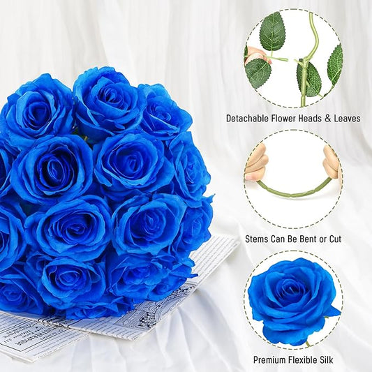 Waipfaru 16 Pcs Blue Roses Artificial Flowers, Fake Silk Roses with Long Stems, Faux Flowers for Independence Day Wedding Bouquet Centerpiece 4th of July Patriotic Decor (Royal Blue)