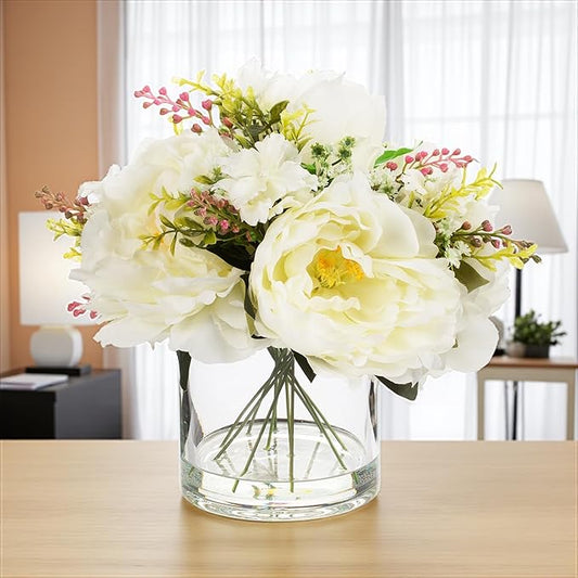 ENOVA FLORAL Artificial Silk Flower Arrangement with Vase,Mixed Artificial Silk Peony Flower in Vase for Decoration Home Office, Wedding Centerpiece (Cream)